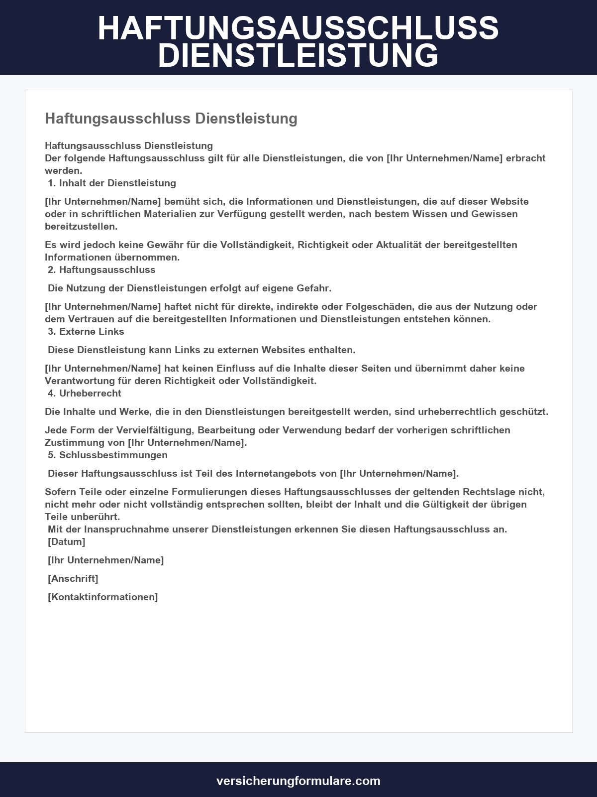 Haftungsausschluss Vorlage Dienstleistung